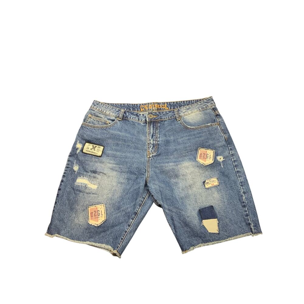 Desigual Mens Denim Shorts EU 38 Distressed Patch Raw Hem Blue Jean Shorts